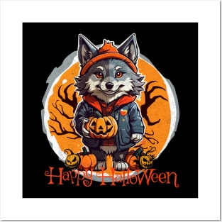 Cute Wolfie with Pumpkins Happy Halloween Vibes Posters and Art